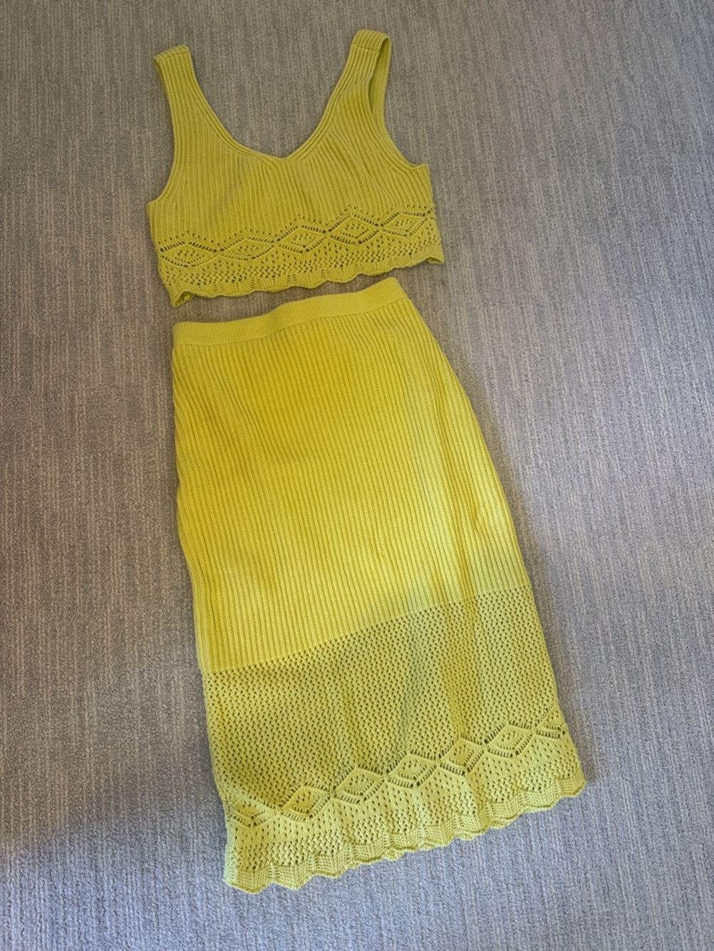 Worn once pale yellow matching crochet set - tank and skirt